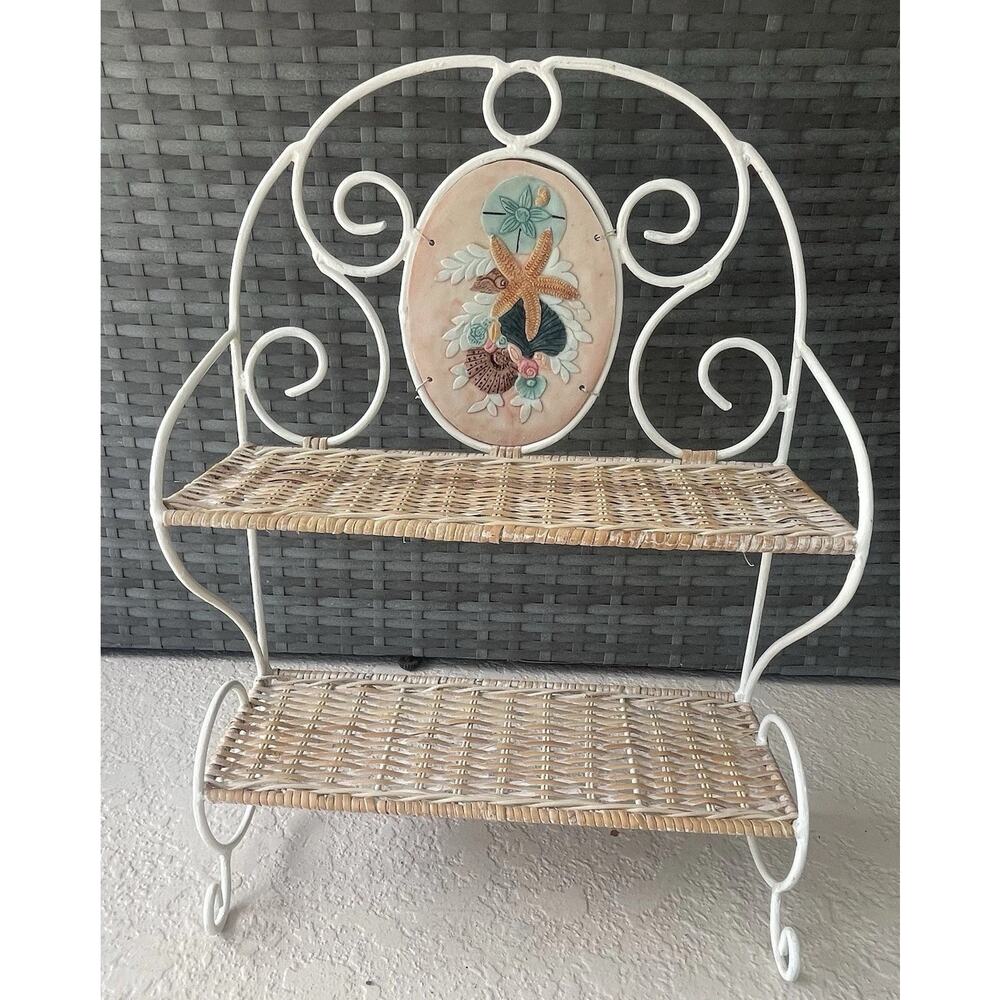 Vintage White Metal & Natural Wicker 2 tier Shelf Vanity sea shell Stand Or Hang